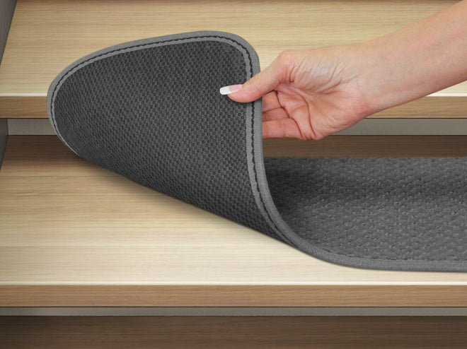 Set of 15 Skid-Resistant Carpet Stair Treads and Matching Landing Rug - Gray