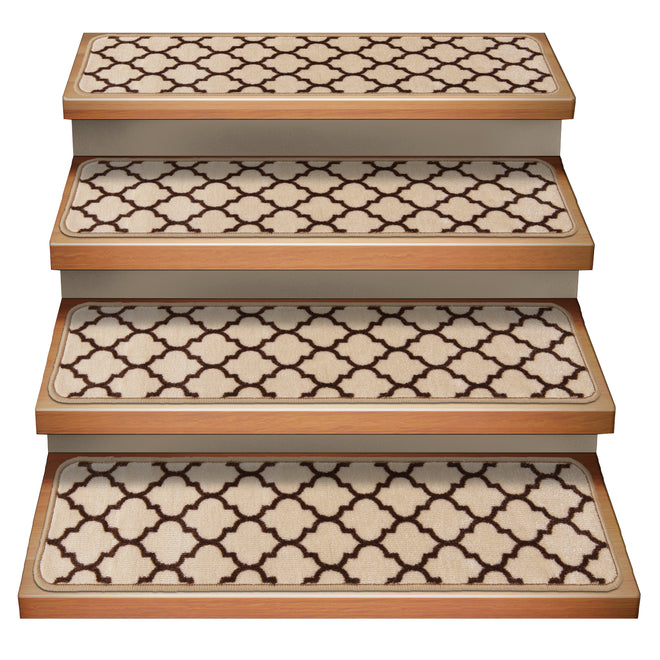 Set of 15 Attachable Indoor Carpet Stair Treads – Moroccan Trellis Lattice – Vanilla Cream & Coffee Brown