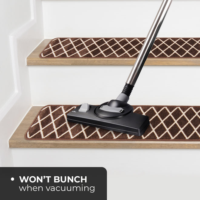 Set of 15 Attachable Indoor Carpet Stair Treads – Diamond Trellis Lattice – Coffee Brown & Vanilla Cream
