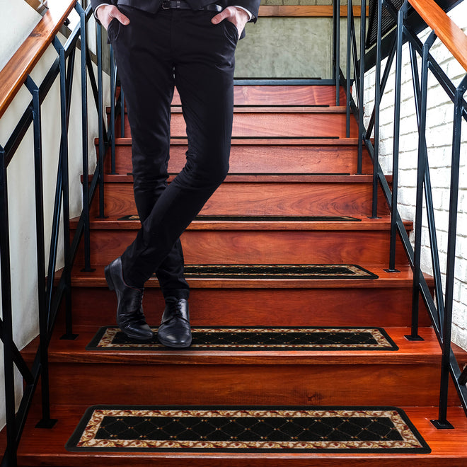 Set of 15 Attachable Indoor Carpet Stair Treads – Traditional Lattice with Floral Border – Ebony Black