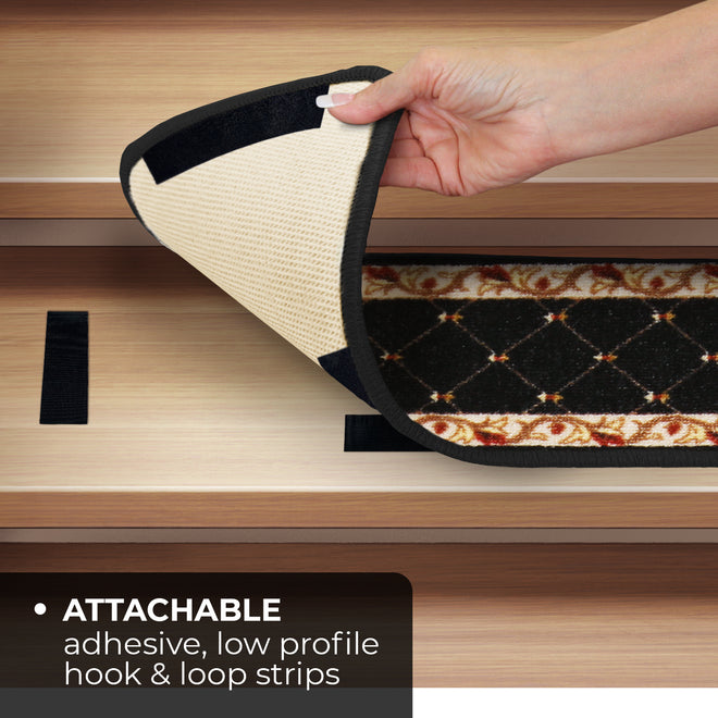 Set of 15 Attachable Indoor Carpet Stair Treads – Traditional Lattice with Floral Border – Ebony Black