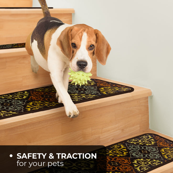 Set of 15 Attachable Indoor Carpet Stair Treads – Kaleidoscope Bloom – Autumn Brown