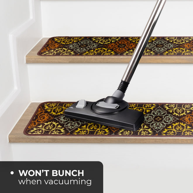 Set of 15 Attachable Indoor Carpet Stair Treads – Kaleidoscope Bloom – Autumn Brown