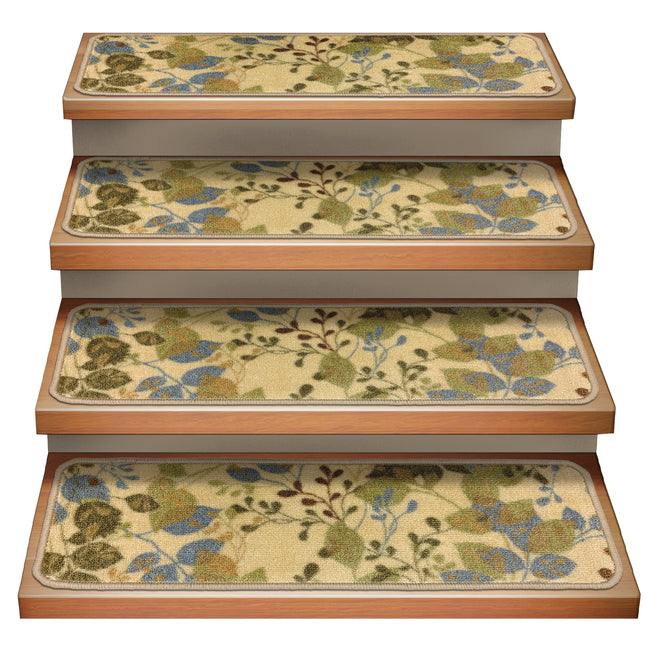 Set of 15 Attachable Indoor Carpet Stair Treads – Botanical Daydream – Golden Beige