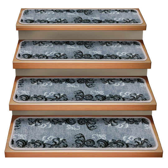 Set of 15 Attachable Indoor Carpet Stair Treads – Elegant Scroll – Silver Gray