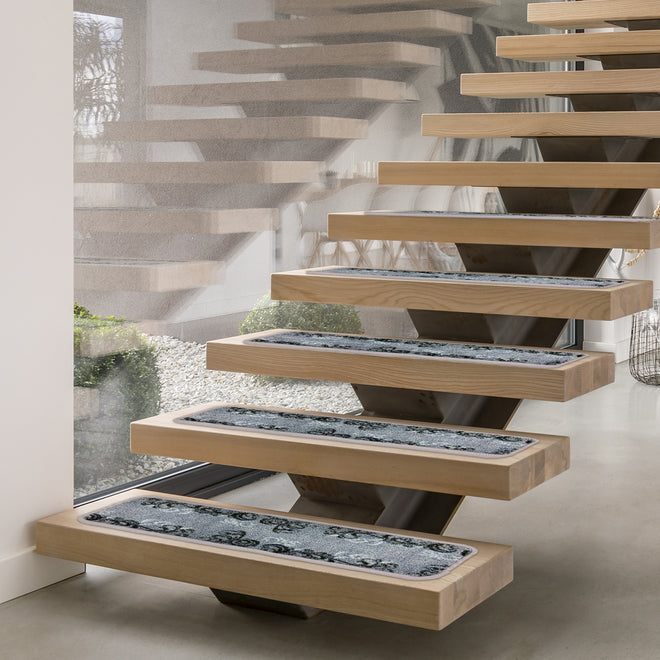 Set of 15 Attachable Indoor Carpet Stair Treads – Elegant Scroll – Silver Gray