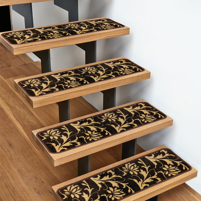 Set of 15 Attachable Indoor Carpet Stair Treads – Laurel Lane – Espresso Brown & Golden Cream