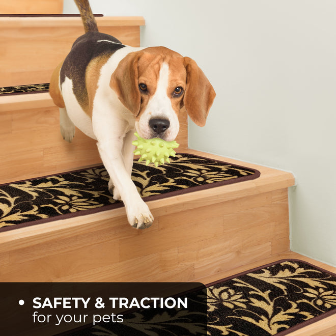 Set of 15 Attachable Indoor Carpet Stair Treads – Laurel Lane – Espresso Brown & Golden Cream