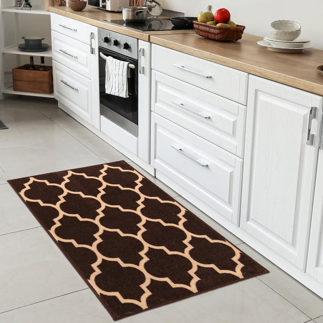 Skid-Resistant Area Rug Moroccan Trellis Lattice – Coffee Brown & Vanilla Cream
