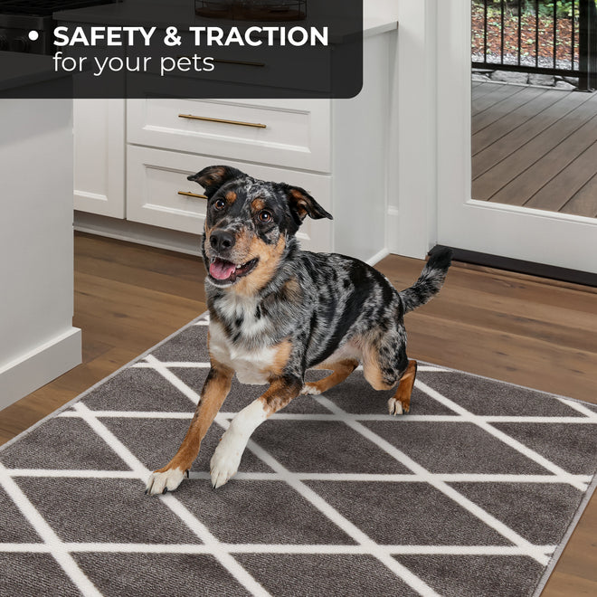 Skid-Resistant Area Rug Diamond Trellis Lattice – Misty Gray & Linen White