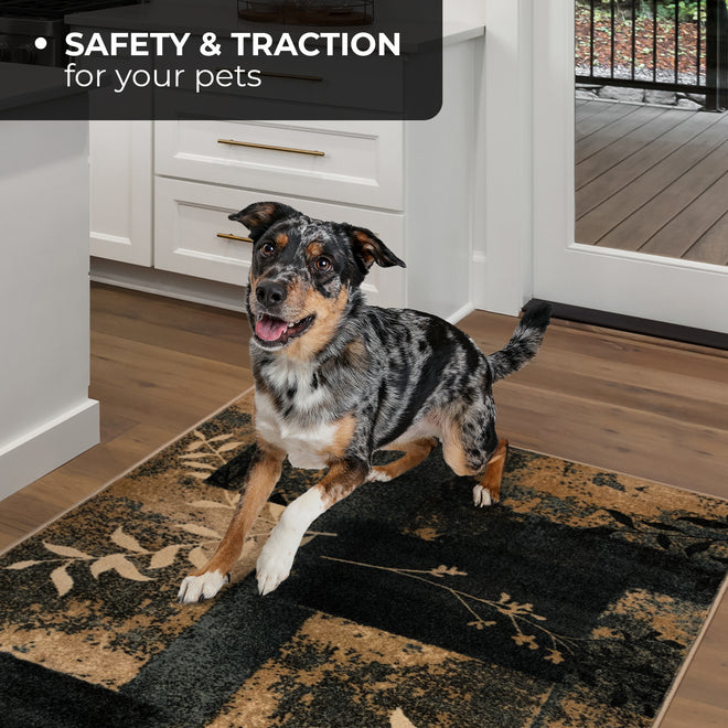 Skid-Resistant Area Rug Distressed Leaves - Faded Blue & Beige