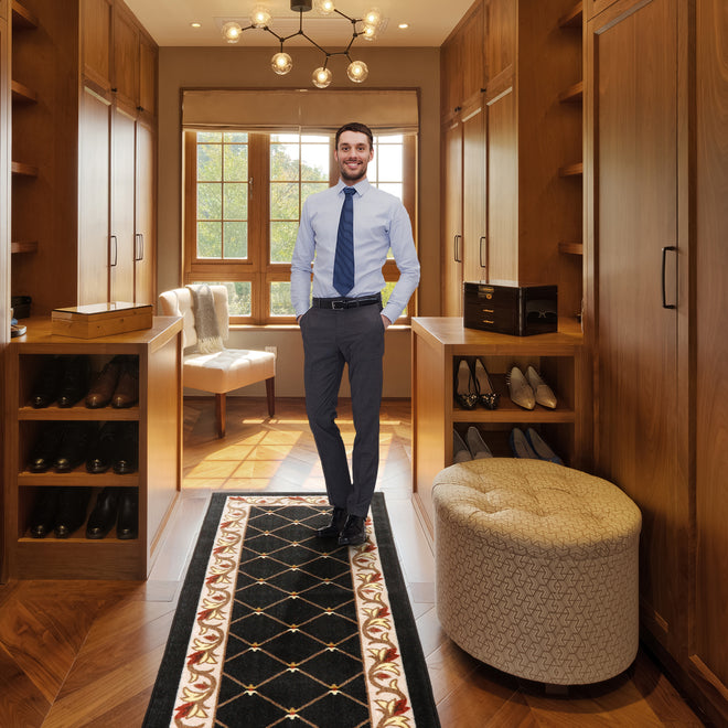 Skid-Resistant Carpet Runner Traditional Lattice with Floral Border – Ebony Black