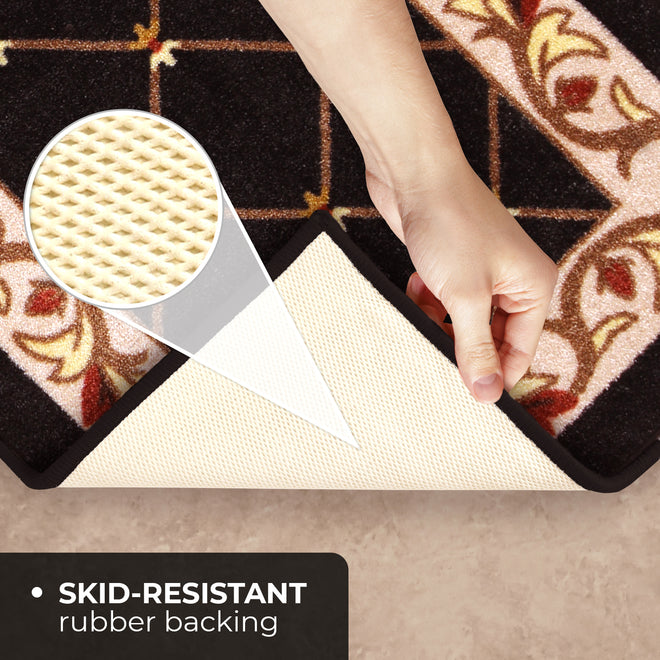 Skid-Resistant Carpet Runner Traditional Lattice with Floral Border – Ebony Black