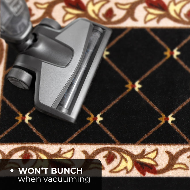 Skid-Resistant Carpet Runner Traditional Lattice with Floral Border – Ebony Black