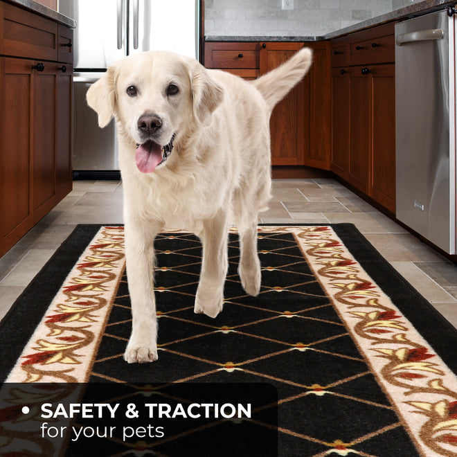 Skid-Resistant Carpet Runner Traditional Lattice with Floral Border – Ebony Black