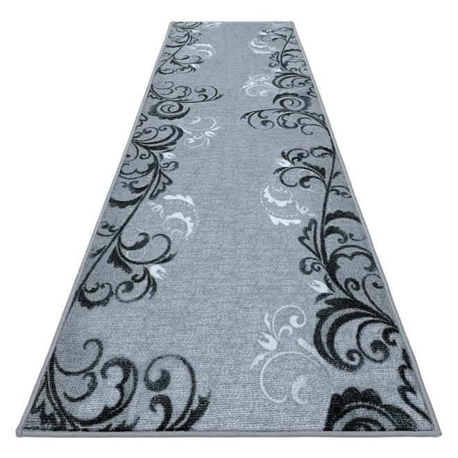 Skid-Resistant Carpet Runner Elegant Scroll – Silver Gray
