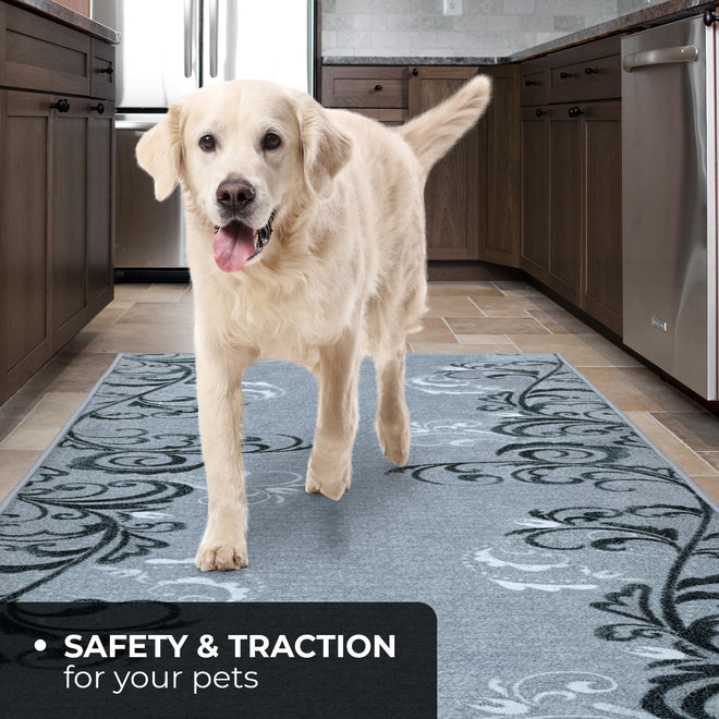 Skid-Resistant Carpet Runner Elegant Scroll – Silver Gray