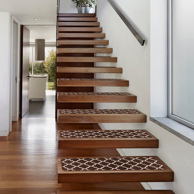 Set of 15 Skid-Resistant Carpet Stair Treads – Moroccan Trellis Lattice – Coffee Brown & Vanilla Cream