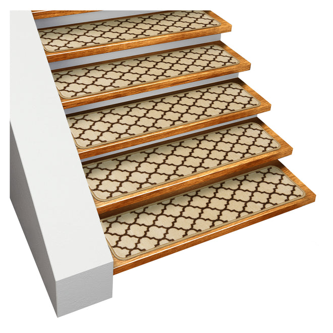 Set of 15 Skid-Resistant Carpet Stair Treads – Moroccan Trellis Lattice – Vanilla Cream & Coffee Brown