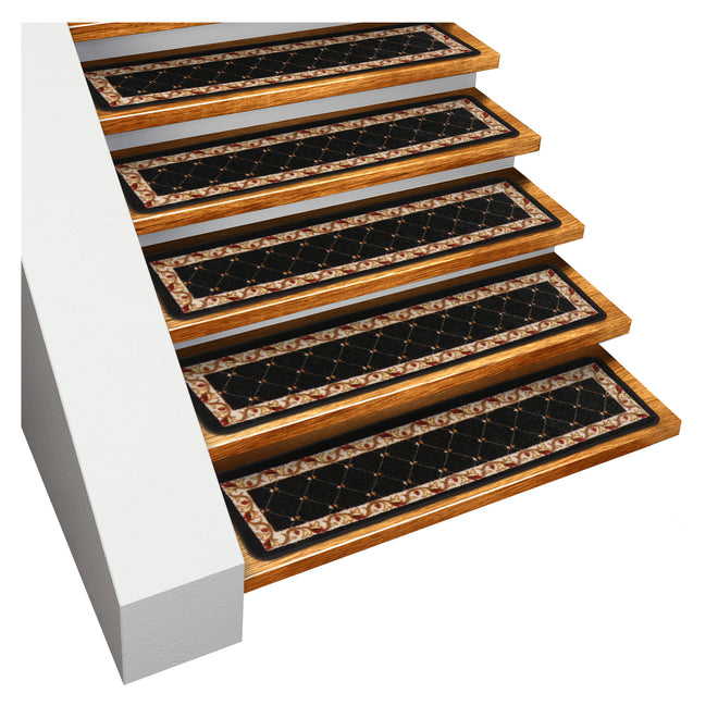 Set of 15 Skid-Resistant Carpet Stair Treads – Traditional Lattice with Floral Border – Ebony Black