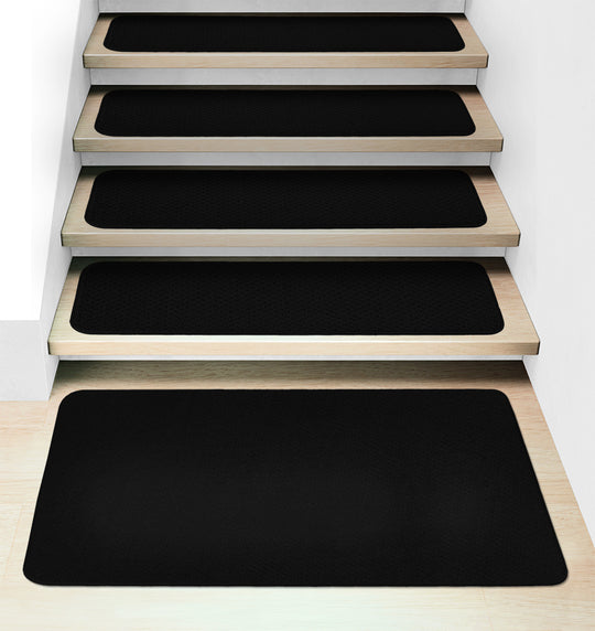 Set of 15 Attachable Carpet Stair Treads and Matching Landing Rug - Black