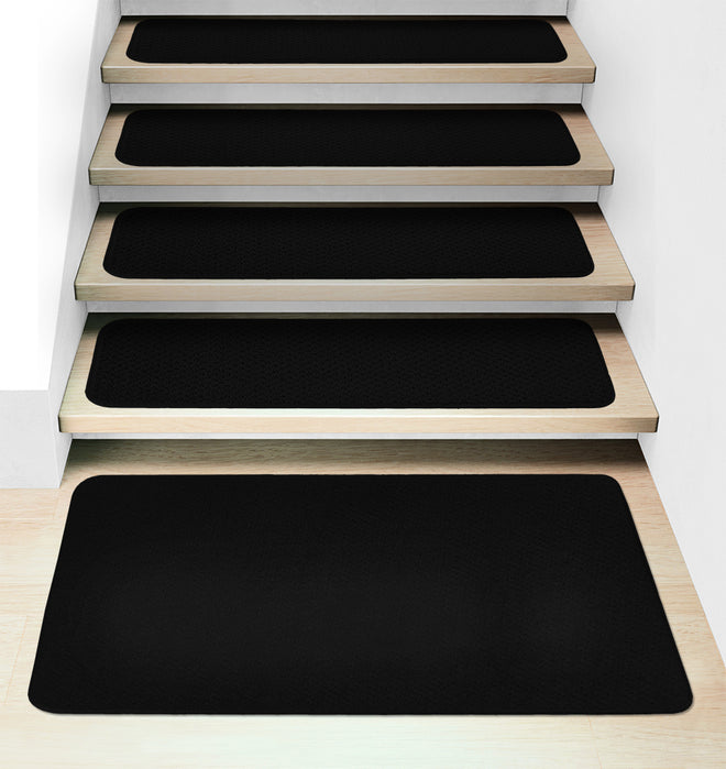 Set of 15 Attachable Carpet Stair Treads and Matching Landing Rug - Black
