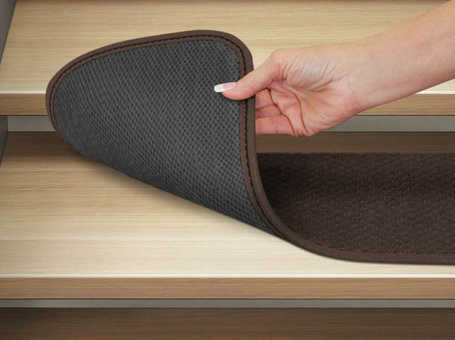 Set of 15 Skid-Resistant Carpet Stair Treads and Matching Landing Rug - Chocolate Brown