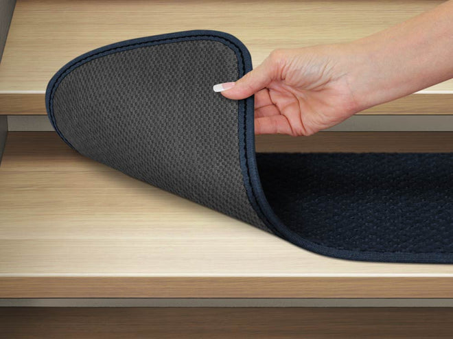 Set of 15 Skid-Resistant Carpet Stair Treads and Matching Landing Rug - Navy Blue
