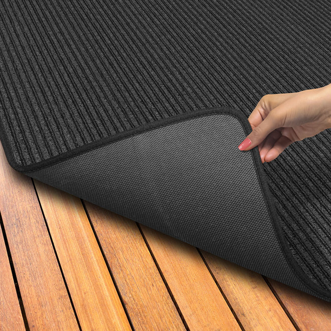 Indoor Outdoor Double-Ribbed Carpet Area Rug with Skid-Resistant Rubber Backing Smokey Black