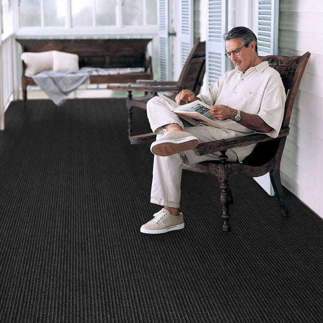 Indoor Outdoor Double-Ribbed Carpet with Skid-Resistant Rubber Backing Smokey Black