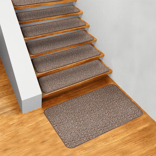 Set of 15 Skid-Resistant Carpet Stair Treads and Matching Landing Rug - Praline Brown