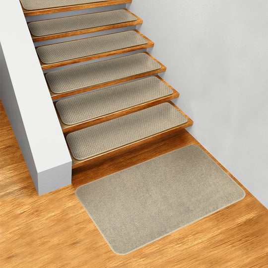 Set of 15 Skid-Resistant Carpet Stair Treads and Matching Landing Rug - Ivory Cream