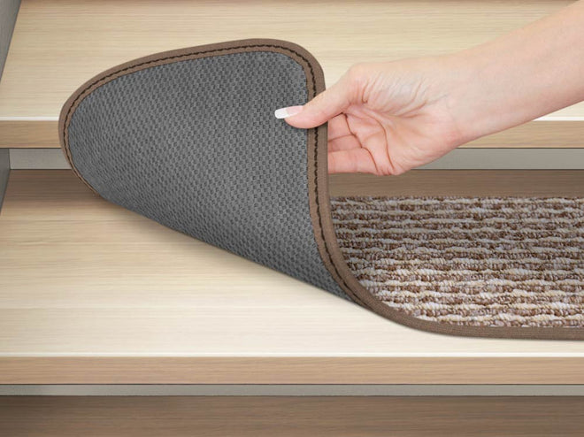 Set of 15 Skid-Resistant Carpet Stair Treads and Matching Landing Rug - Praline Brown