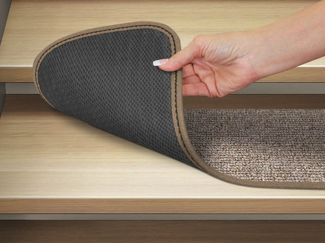 Set of 15 Skid-Resistant Carpet Stair Treads and Matching Landing Rug - Pebble Beige