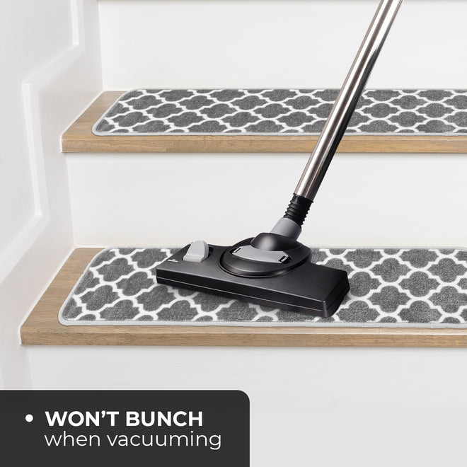 Set of 15 Attachable Indoor Carpet Stair Treads – Moroccan Trellis Lattice – Misty Gray & Linen White