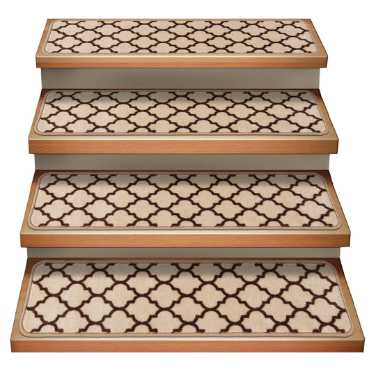 Set of 15 Attachable Indoor Carpet Stair Treads – Moroccan Trellis Lattice – Vanilla Cream & Coffee Brown
