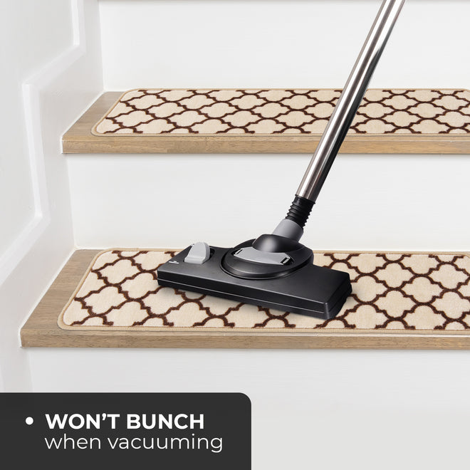 Set of 15 Attachable Indoor Carpet Stair Treads – Moroccan Trellis Lattice – Vanilla Cream & Coffee Brown