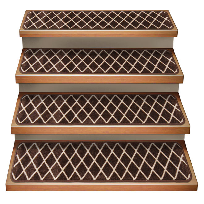 Set of 15 Attachable Indoor Carpet Stair Treads – Diamond Trellis Lattice – Coffee Brown & Vanilla Cream