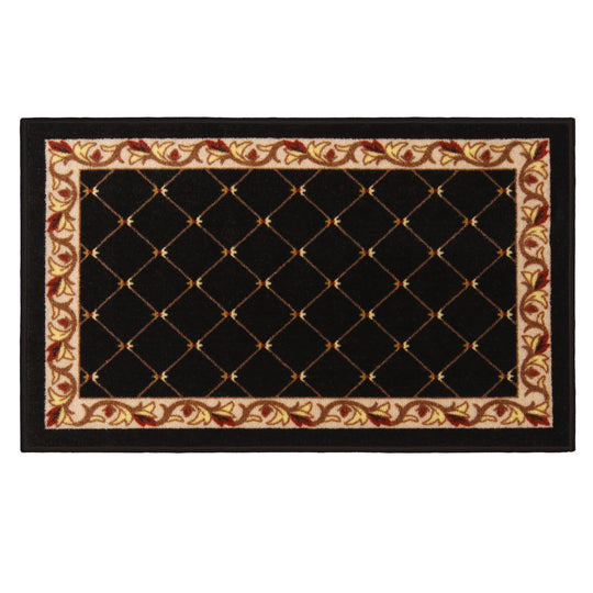 Skid-Resistant Area Rug Traditional Lattice with Floral Border – Ebony Black