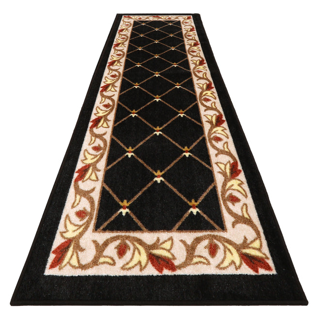 Skid-Resistant Carpet Runner Traditional Lattice with Floral Border – Ebony Black