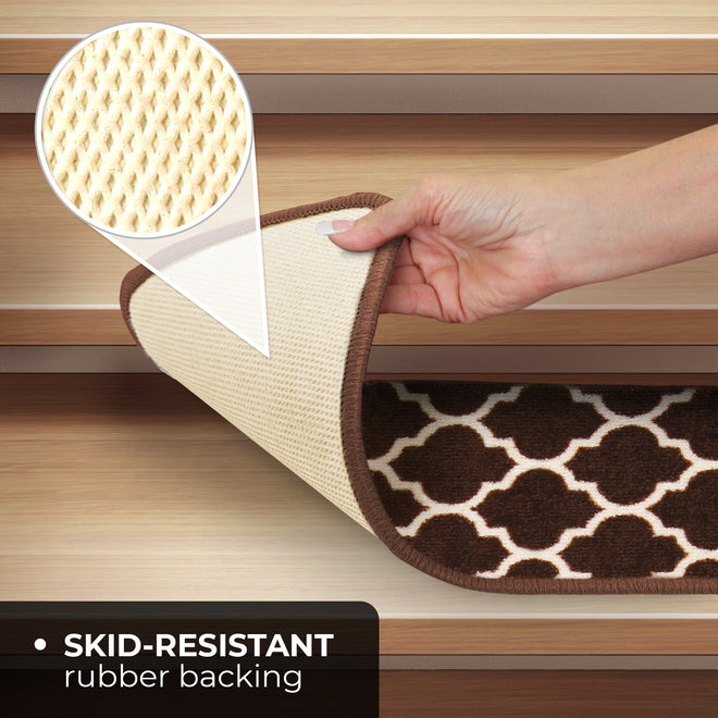 Set of 15 Skid-Resistant Carpet Stair Treads – Moroccan Trellis Lattice – Coffee Brown & Vanilla Cream