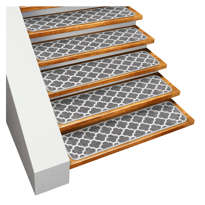 Set of 15 Skid-Resistant Carpet Stair Treads – Moroccan Trellis Lattice – Misty Gray & Linen White
