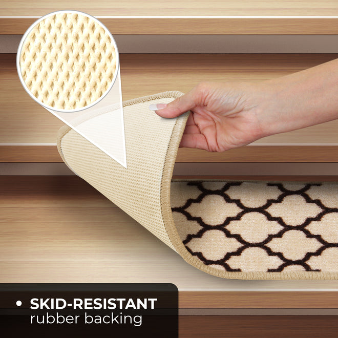 Set of 15 Skid-Resistant Carpet Stair Treads – Moroccan Trellis Lattice – Vanilla Cream & Coffee Brown