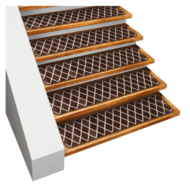 Set of 15 Skid-Resistant Carpet Stair Treads – Diamond Trellis Lattice – Coffee Brown & Vanilla Cream