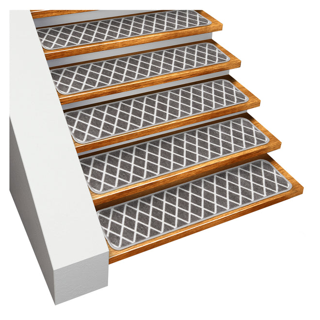 Set of 15 Skid-Resistant Carpet Stair Treads – Diamond Trellis Lattice – Misty Gray & Linen White