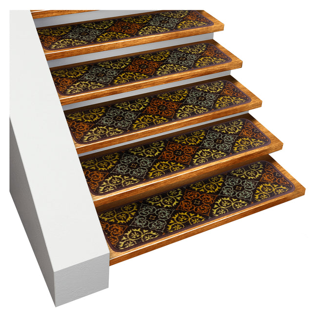 Set of 15 Skid-Resistant Carpet Stair Treads – Kaleidoscope Bloom – Autumn Brown