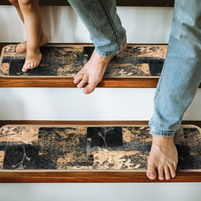 Set of 15 Skid-Resistant Carpet Stair Treads – Distressed Leaves - Faded Blue & Beige