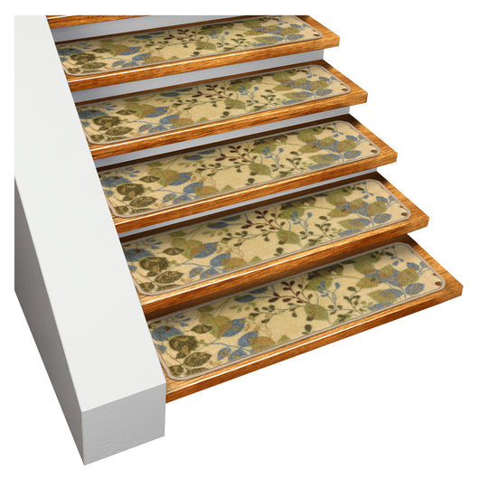 Set of 15 Skid-Resistant Carpet Stair Treads – Botanical Daydream – Golden Beige