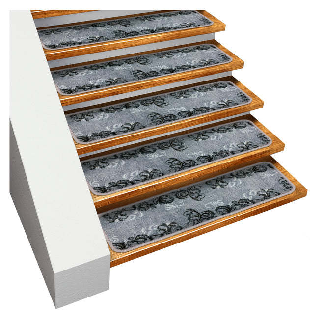 Set of 15 Skid-Resistant Carpet Stair Treads – Elegant Scroll – Silver Gray
