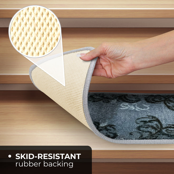 Set of 15 Skid-Resistant Carpet Stair Treads – Elegant Scroll – Silver Gray